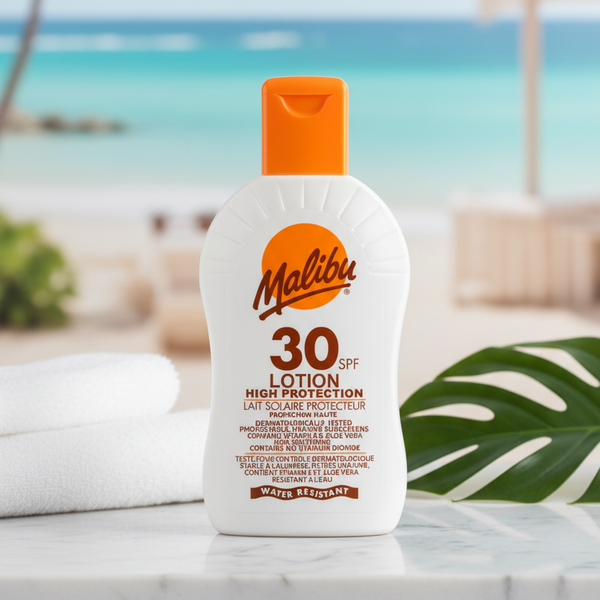 Bonherre mağazasından Malibu Güneş Koruyucu Losyon SPF30, titanyum içermeyen Aloe Vera ve E Vitamini destekli lüks güneş kremi.