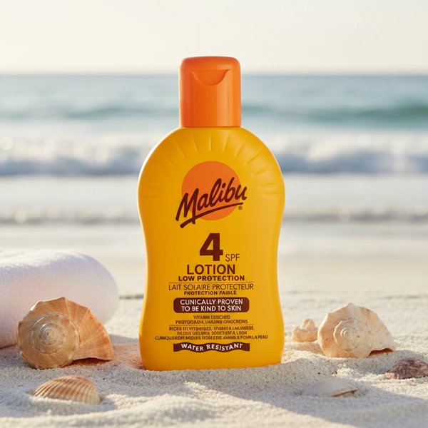 Bonherre mağazasından Malibu Güneş Koruyucu Losyon SPF4, bronzlaştırıcı etkili ve vitaminli lüks güneş kremi.