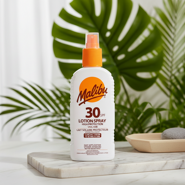 Bonherre mağazasından Malibu Güneş Koruyucu Sprey Losyon SPF30, yüksek korumalı ve vitaminli lüks erkek güneş kremi.