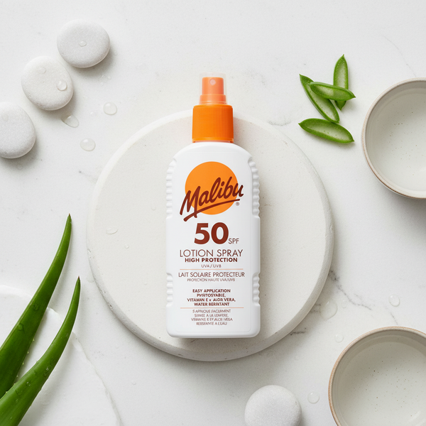 Bonherre mağazasından Malibu Güneş Koruyucu Sprey Losyon SPF50, üst düzey korumalı ve vitaminli lüks erkek güneş kremi.