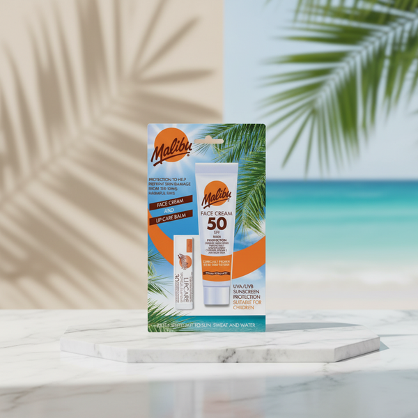 Bonherre mağazasından Malibu Yüz Losyonu SPF50 ve Dudak Koruyucu SPF30, Aloe Vera ve E Vitamini içerikli ikili güneş bakım seti.