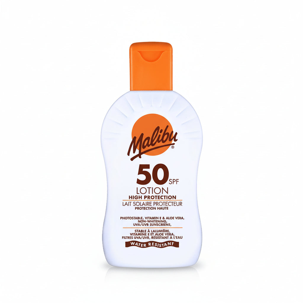 Bonherre mağazasından Malibu Yüksek Korumalı Güneş Losyonu SPF50, Aloe Vera ve E Vitamini içerikli lüks güneş kremi.