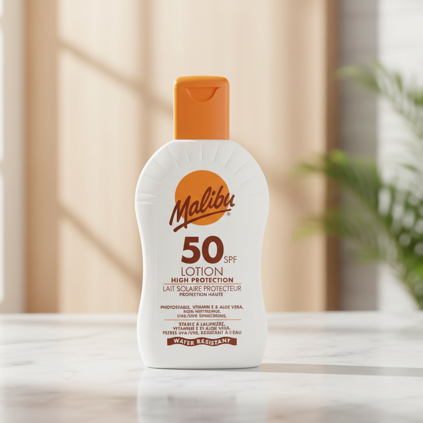 Bonherre mağazasından Malibu Yüksek Korumalı Güneş Losyonu SPF50, Aloe Vera ve E Vitamini içerikli lüks güneş kremi.