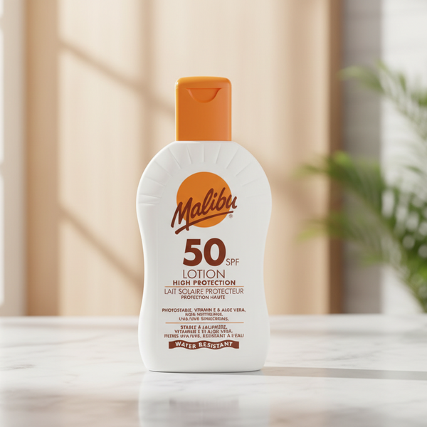 Bonherre mağazasından Malibu Yüksek Korumalı Güneş Losyonu SPF50, Aloe Vera ve E Vitamini içerikli lüks güneş kremi.