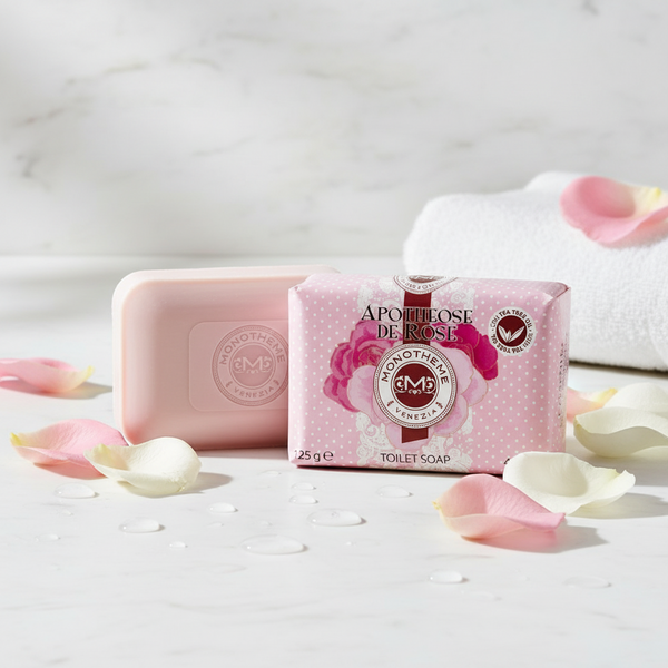 Bonherre mağazasından Monotheme Gülün Yüceliği (Apotheose de Rose) katı sabun, çay ağacı yağı içeren modern gül kokulu İtalyan sabunu.