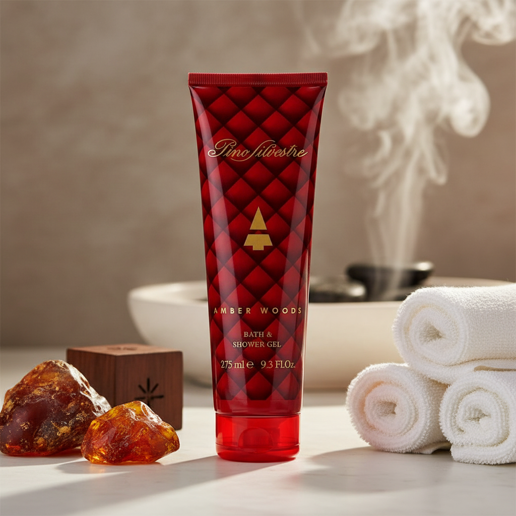 Bonherre mağazasından Pino Silvestre Amber Woods duş jeli, baharatlı, koyu odunsu ve safran notalı lüks erkek vücut şampuanı.