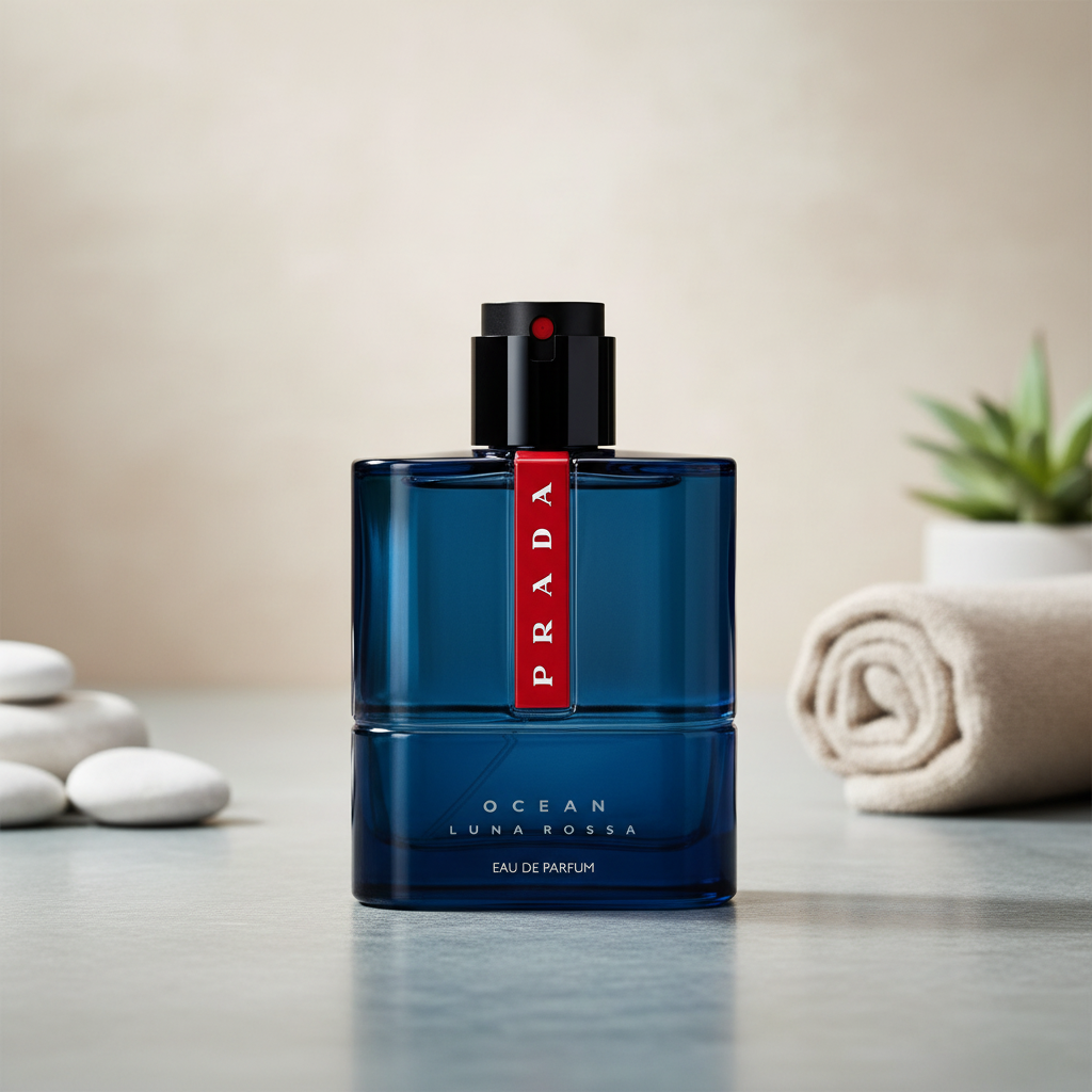 Bonherre mağazasından Prada Luna Rossa Ocean EDP 100 ml, süsen, süet ve karamel notalı, derin okyanus mavisi şık erkek parfümü.