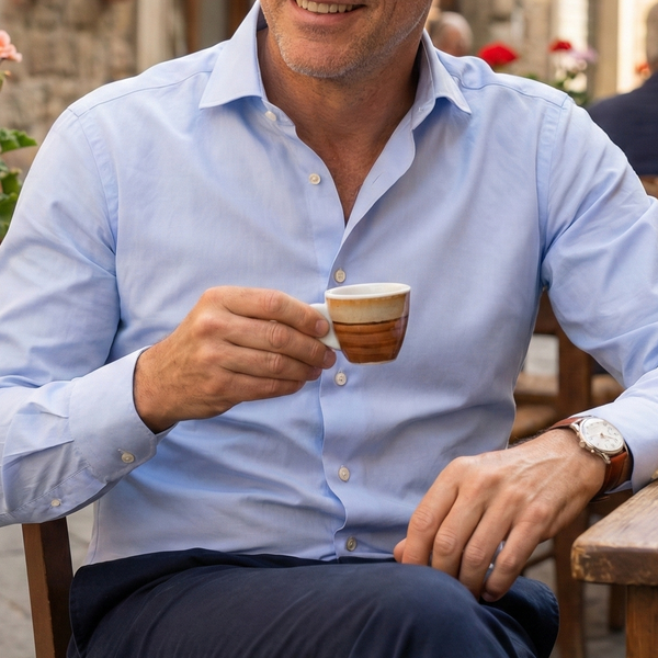 Vanacore Napoli - Klasik Mavi Poplin Kesik Gömlek