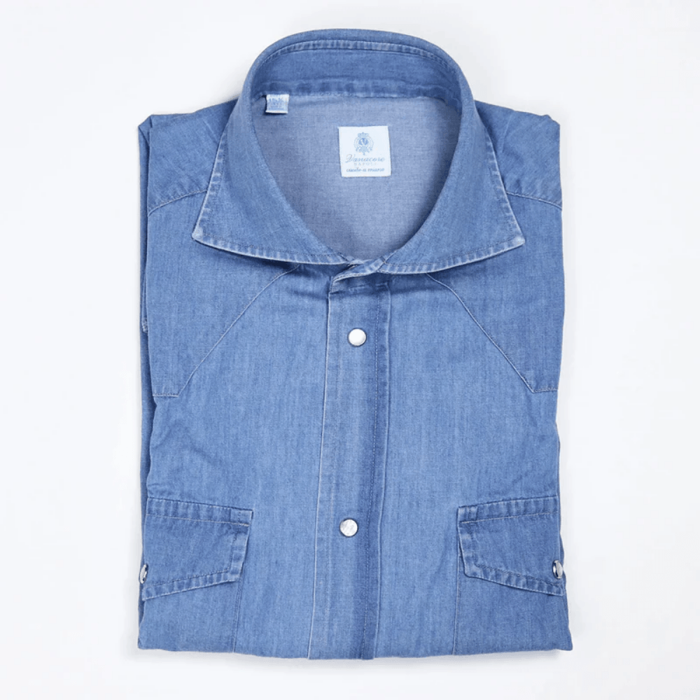 Vanacore Napoli - Orta Mavi Denim Rodeo Gömlek - Bonherre