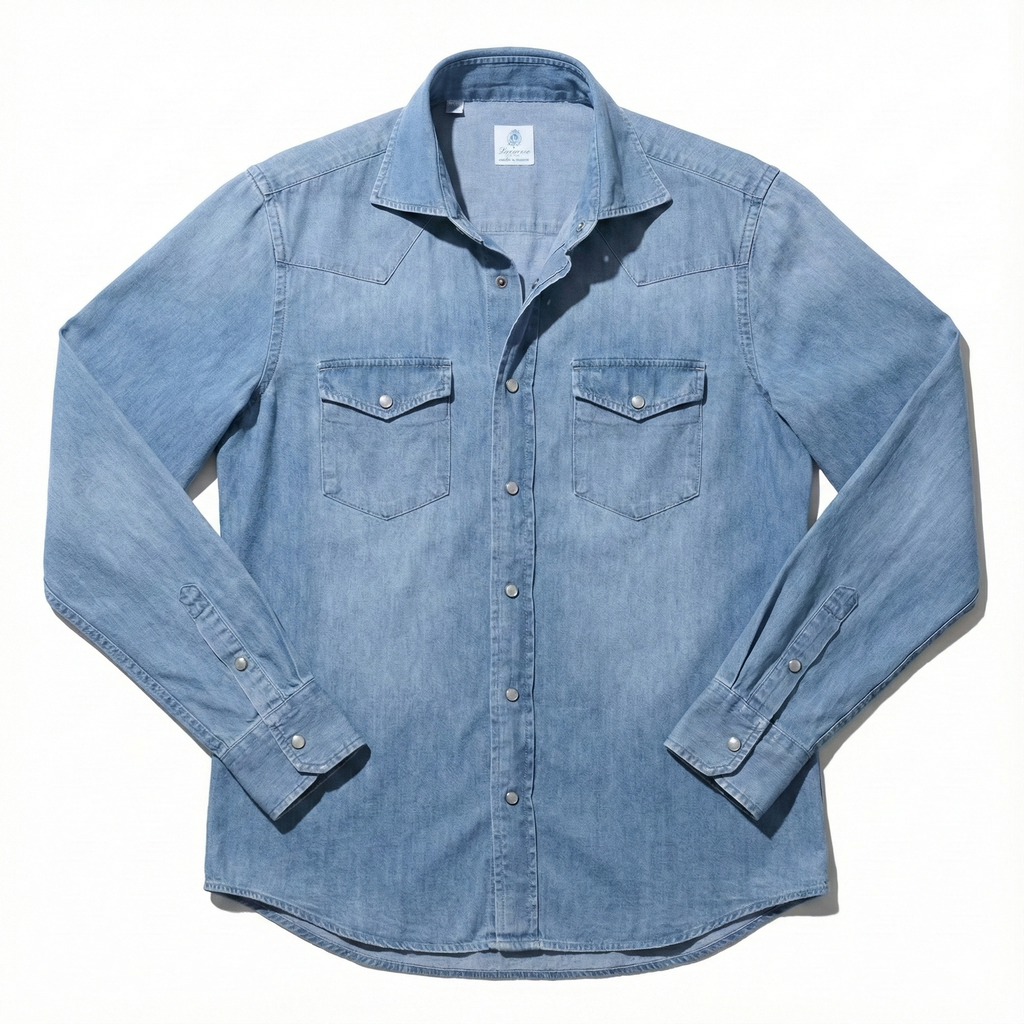Vanacore Napoli - Orta Mavi Denim Rodeo Gömlek