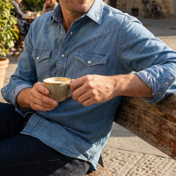 Vanacore Napoli - Orta Mavi Denim Rodeo Gömlek