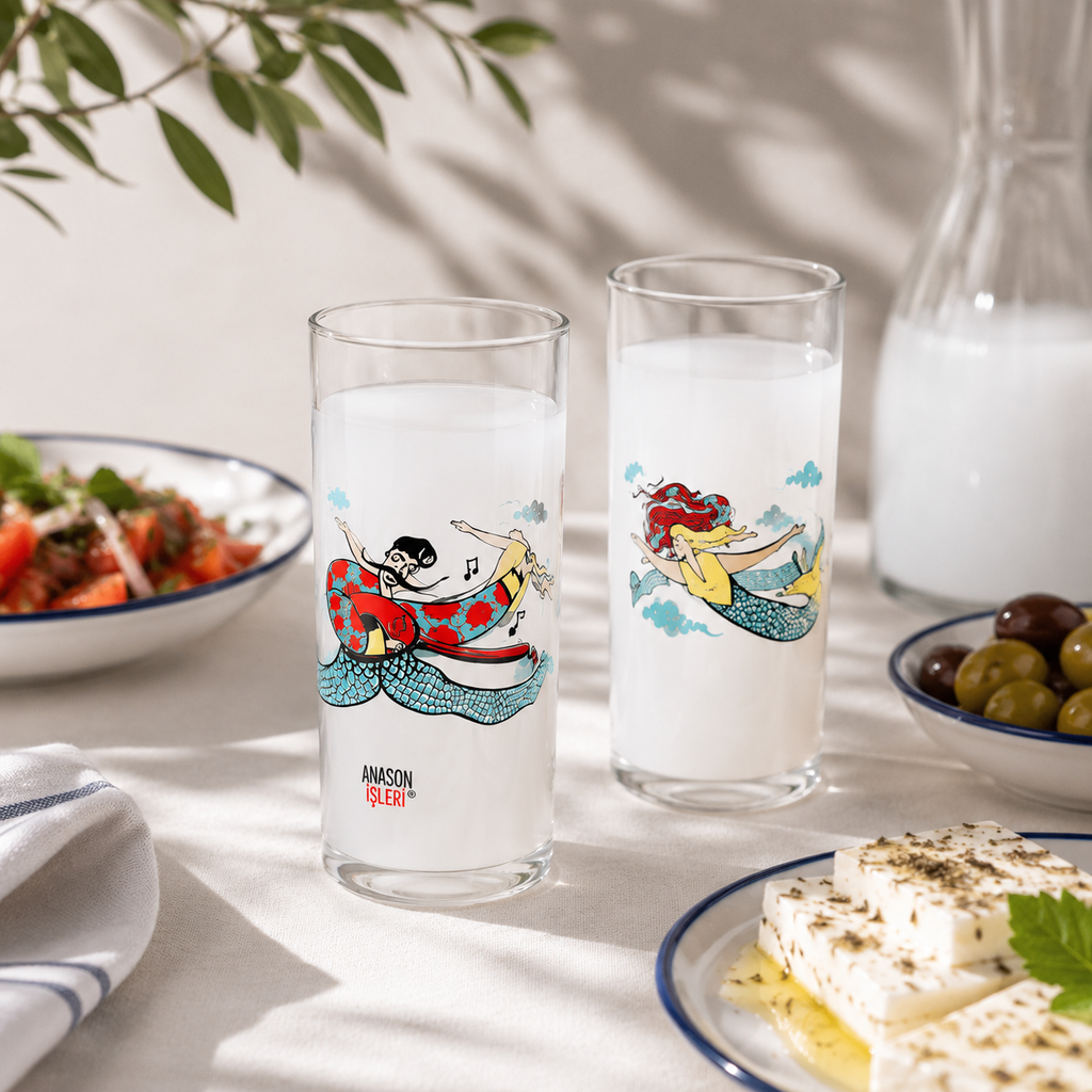 M. Arel Siviş tasarımı Osmanlı esintili figürler ve geleneksel motiflerle süslenmiş Şen Kadeh 6’lı rakı kadehi seti