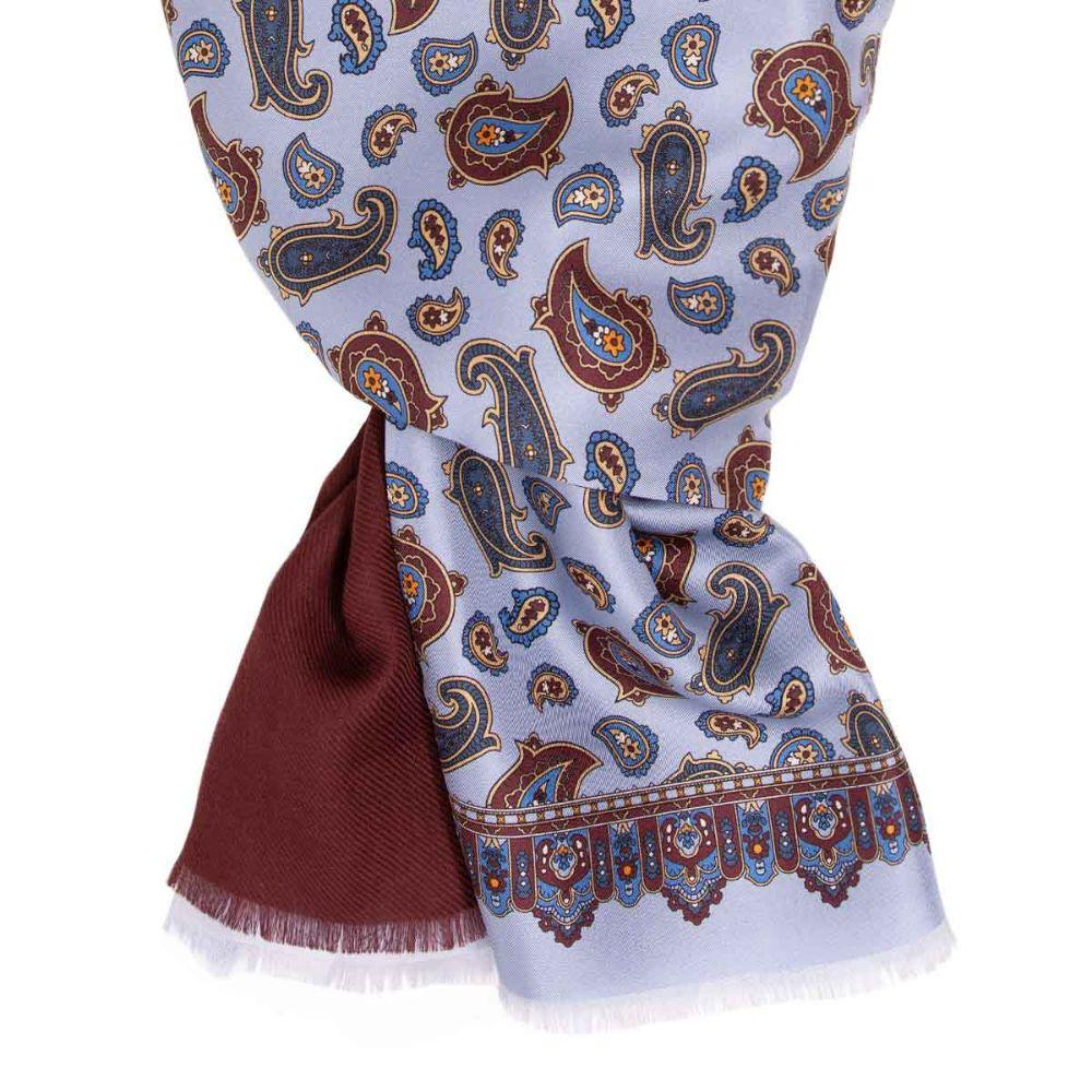 Bordo ve Açık Mavi Paisley Kaşmir ve İpek Eşarp - Bonherre