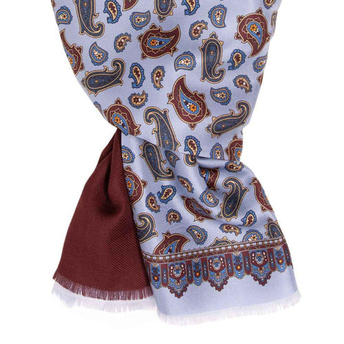 Bordo ve Açık Mavi Paisley Kaşmir ve İpek Eşarp - Bonherre