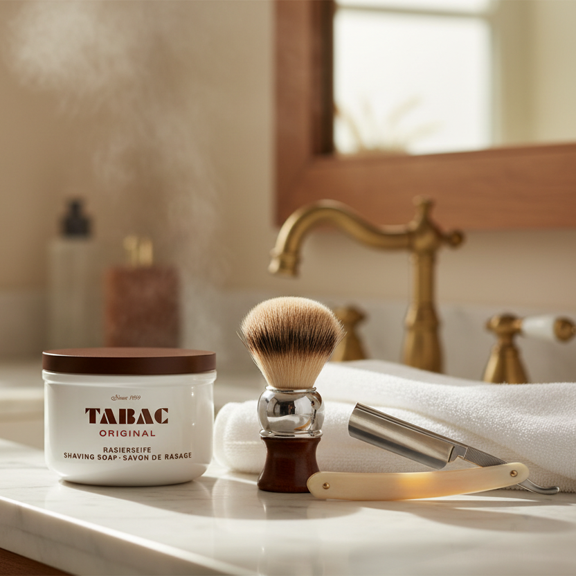Bonherre mağazasından Tabac Original, ikonik beyaz seramik kasede sunulan 125 g geleneksel tıraş sabunu.