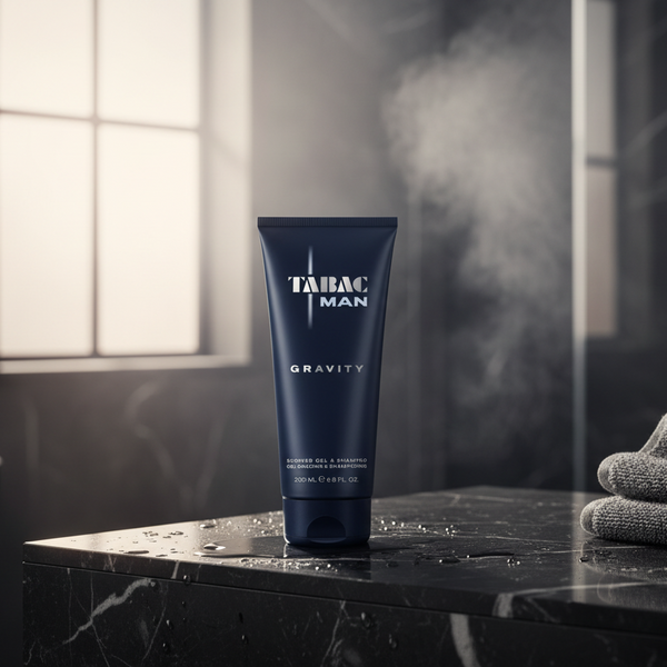 Bonherre mağazasından Tabac Man Gravity, metalik yıldız tozu ve odunsu notalı mineral tazelik sunan duş jeli ve şampuan.