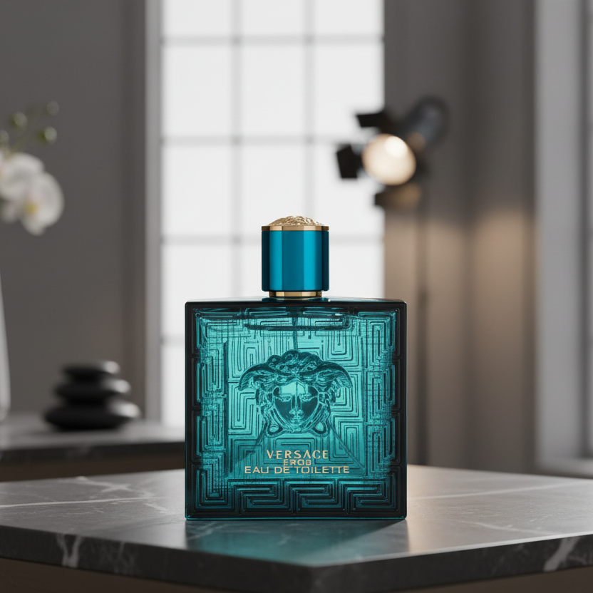 Bonherre mağazasından Versace Eros EDT 100 ml, nane, yeşil elma ve Madagaskar vanilyası notalı ikonik mavi şişeli erkek parfümü.