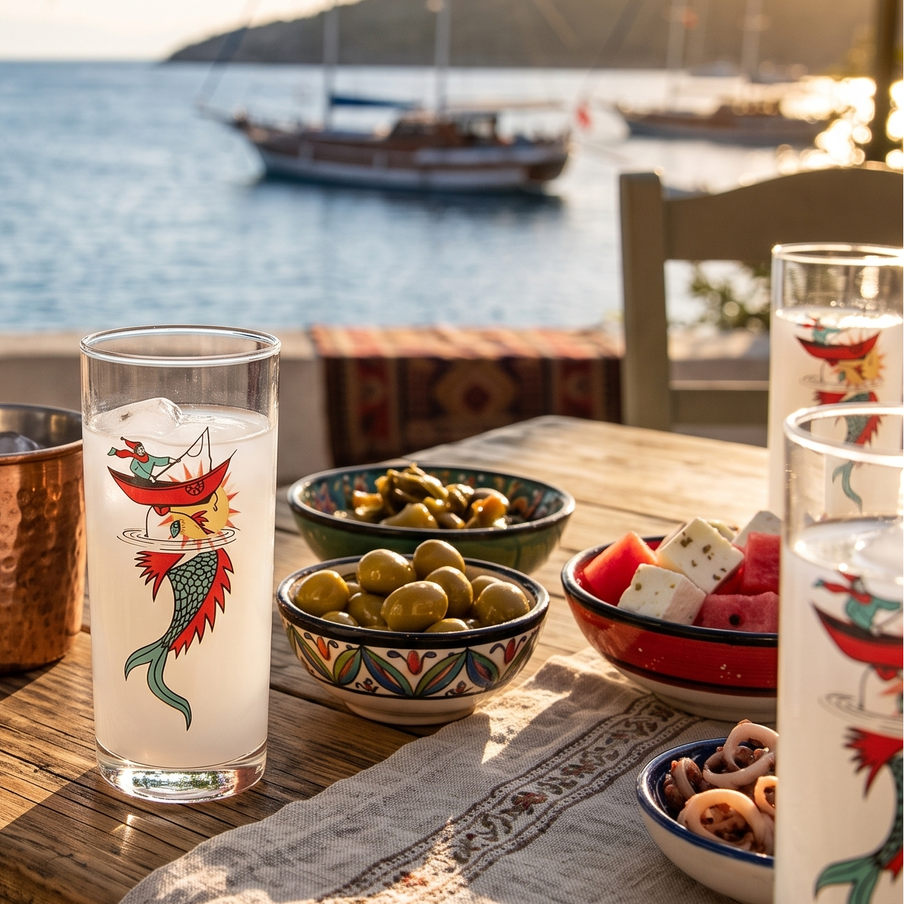 Arel Siviş tasarımı balıkçı, sandal, balık ve güneş figürlü Yaz Rüyası 6’lı rakı kadehi seti